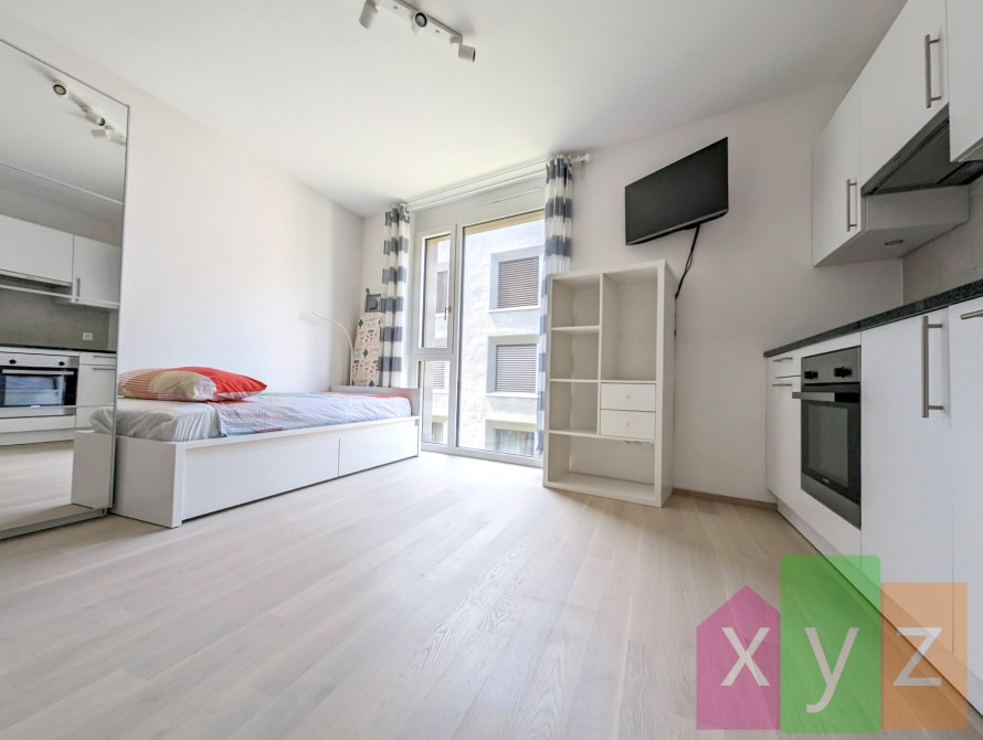 Studio partiellement meublé: un lit, une armoire à porte coulissante, une étagère ainsi qu'une télévision sont mises à disposition